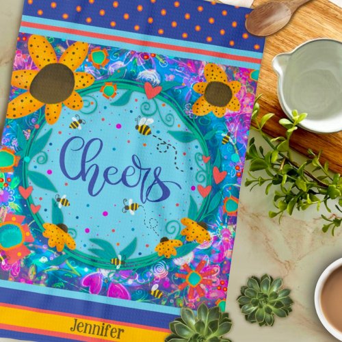 Cheers Floral Fun Bees Colorful Personalized Name Kitchen Towel