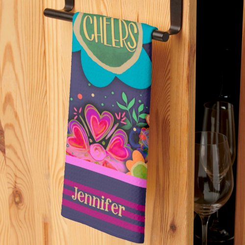 Cheers Floral Fun Colorful Personalized Name Kitchen Towel