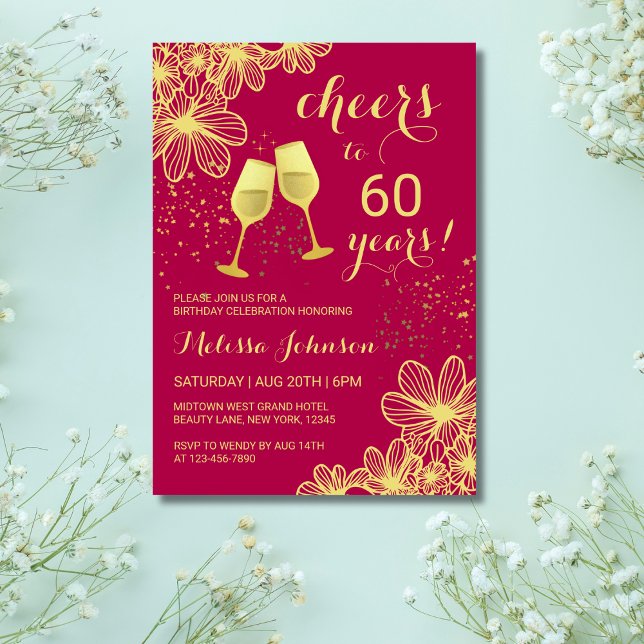 Cheers Floral Violet Red Milestone Birthday Invitation (Creator Uploaded)