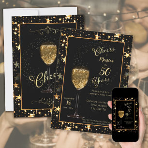 Cheers for 50 Years Black & Gold Sparkle Birthday Invitation
