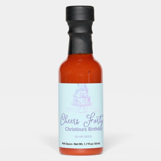 Cheers forty happy birthday cake blue purple name  hot sauces (Front)