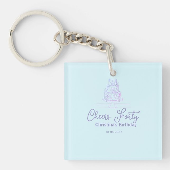 Cheers forty happy birthday cake blue purple name  keychain (Front)