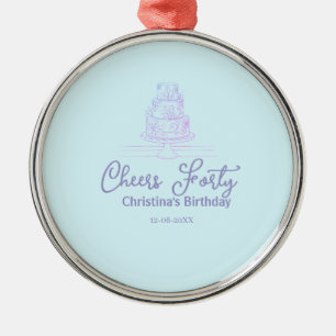 Cheers forty happy birthday cake blue purple name metal ornament