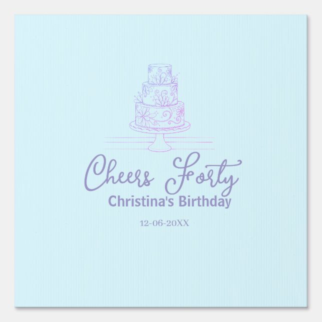 Cheers forty happy birthday cake blue purple name  sign (Front)