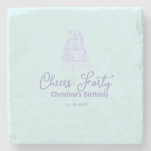 Cheers forty happy birthday cake blue purple name  stone coaster (Front)