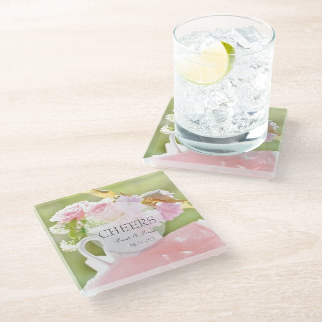 Cheers-Fresh Spring Flower editable wedding Glass Coaster (Angled)