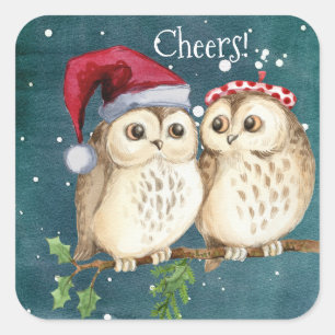 Cheers From the Christmas Owl Couple Square Sticker