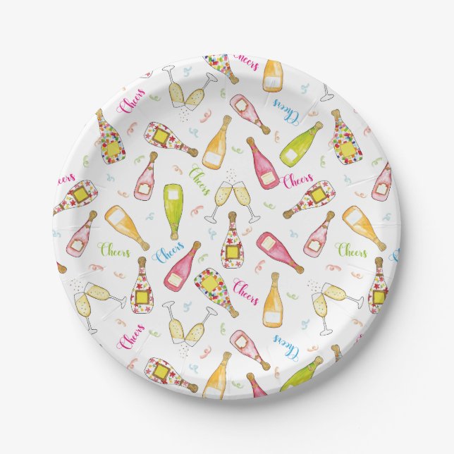 Cheers fun champange flutes drink glasses paper plates (Front)