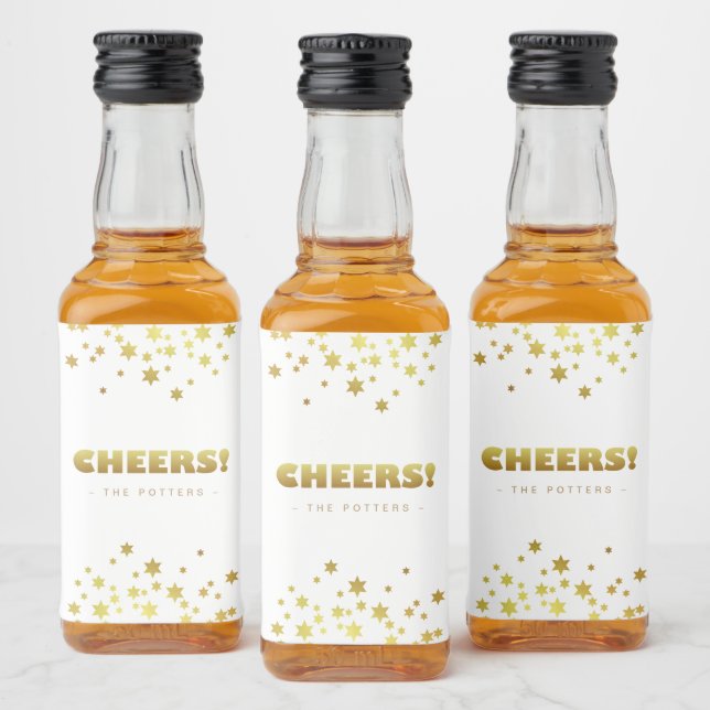 Cheers | Fun Christmas White & Gold Stars Mini Liquor Bottle Label (Bottles)