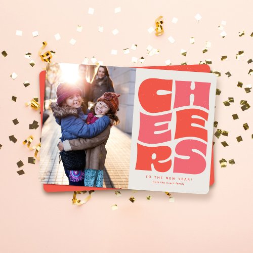 Cheers fun groovy retro pink red New Year photo Holiday Card