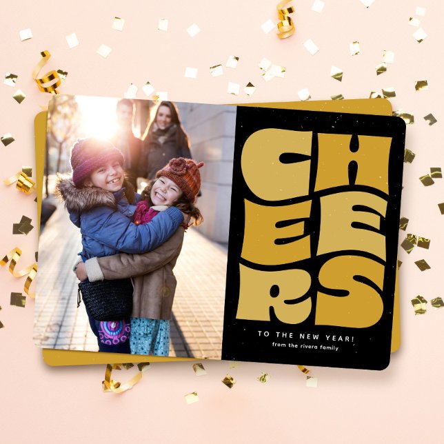 Cheers fun retro black gold New Year photo Holiday Card (Creator Uploaded)