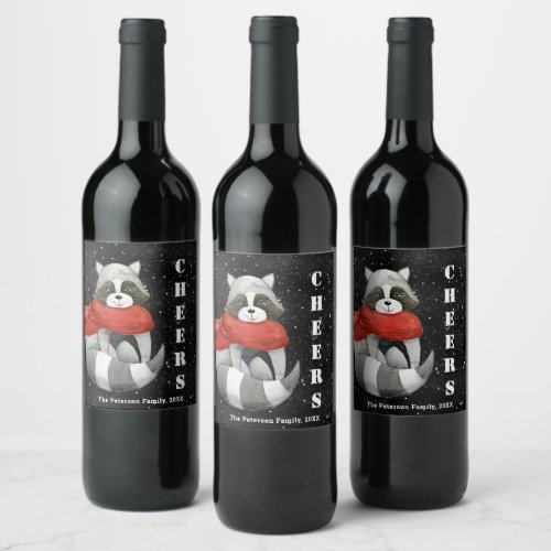 Cheers Funny Christmas Raccoon Wine Labe Wine Label