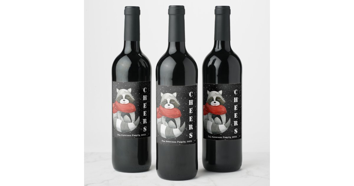 Cheers Funny Christmas Raccoon Wine Labe Wine Label | Zazzle