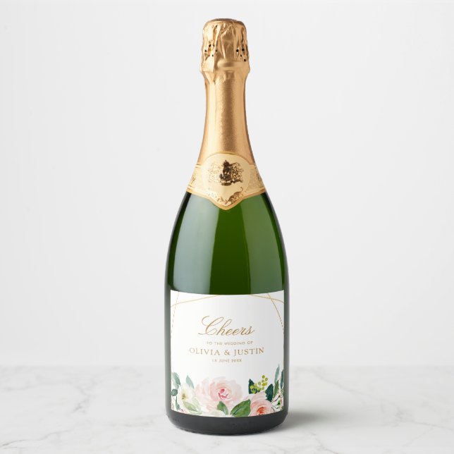 CHEERS | geometric gold & blush floral wedding Sparkling Wine Label (Front)