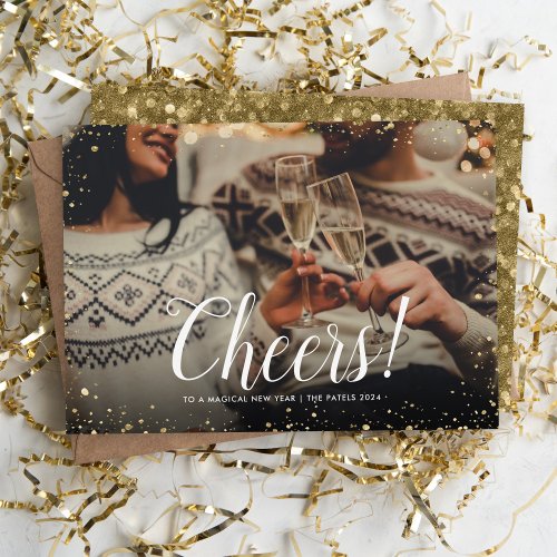 Cheers  Glitz Faux Glitter Photo Overlay New Year Holiday Card