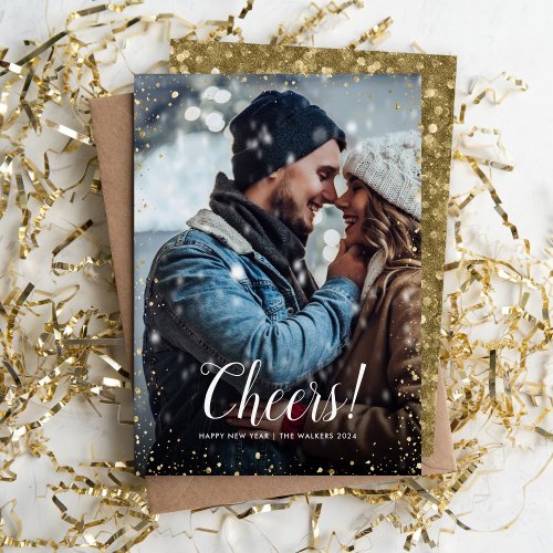 Cheers  Glitz Faux Glitter Photo Overlay New Year Holiday Card