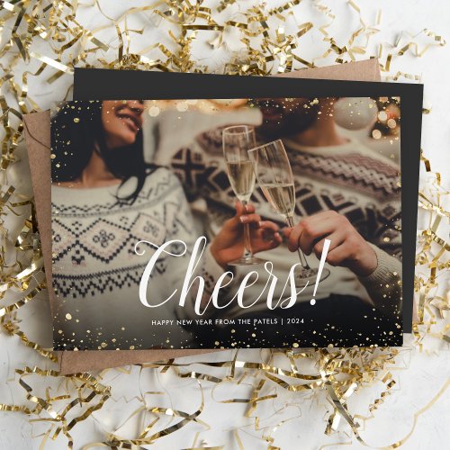 Cheers  Glitz Faux Glitter Photo Overlay New Year Holiday Card