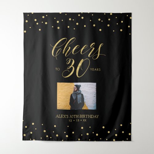 Cheers  Gold  Black 30th Birthday Party Photo Tapestry