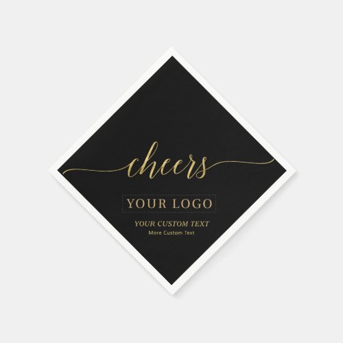 Cheers  Gold  Black Business Logo Custom Text Napkins