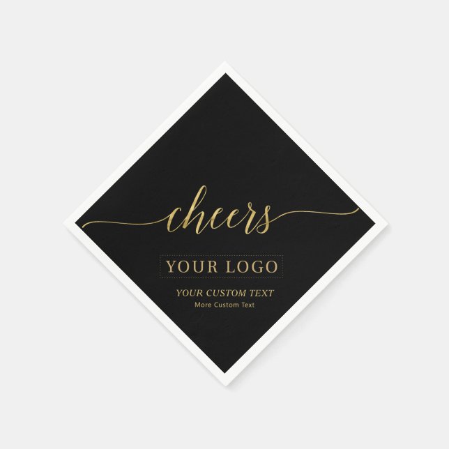 Cheers | Gold & Black Business Logo Custom Text Napkins (Corner)