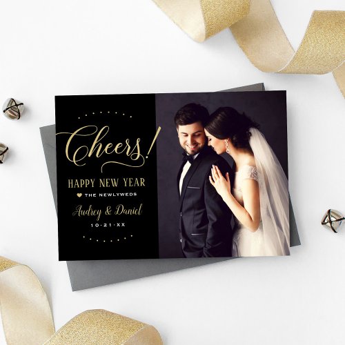 Cheers Gold Black Happy New Year Wedding Photo Holiday Card