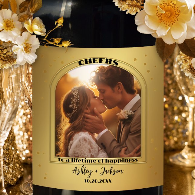 Cheers Gold Confetti Photo Wine Label (A stylish (wedding) wine label featuring a festive gold design with sparkling confetti.)