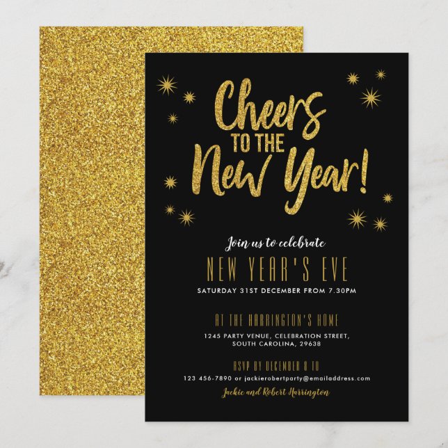 Cheers Gold Glitter New Year Party invitation (Front/Back)