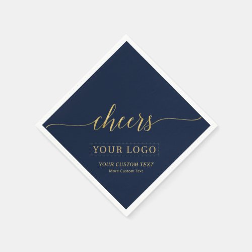 Cheers  Gold  Navy Business Logo Custom Text Napkins