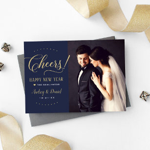 Cheers Gold Navy Happy New Year Wedding Photo Holiday Card