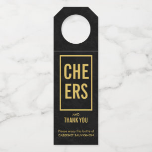 Cheers Gold on Black Damask Bottle Hanger Tag