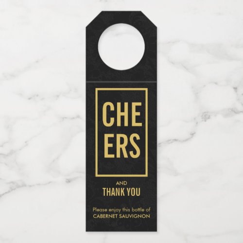 Cheers Gold on Black Damask Bottle Hanger Tag