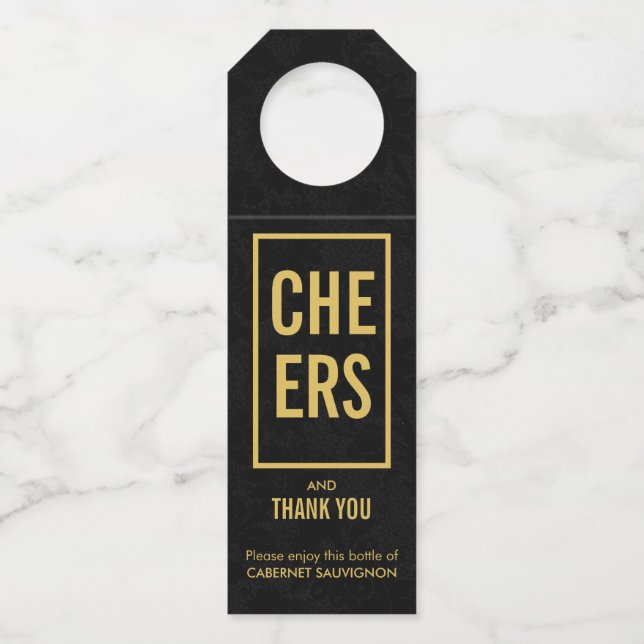 Cheers Gold on Black Damask Bottle Hanger Tag (Front)