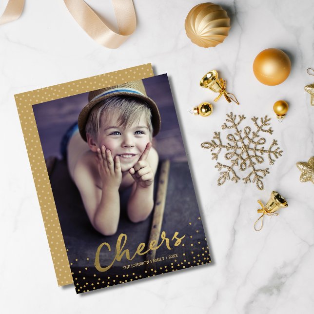 Cheers Gold Script Confetti Holiday Photo Cards (Creator Uploaded)