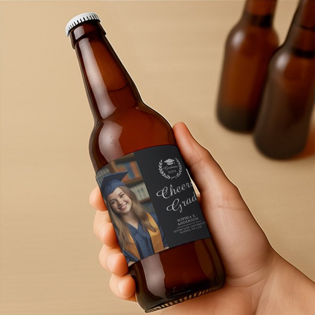 Cheers Grad Graduation Party Photo Black Beer Bottle Label (Creator Uploaded)