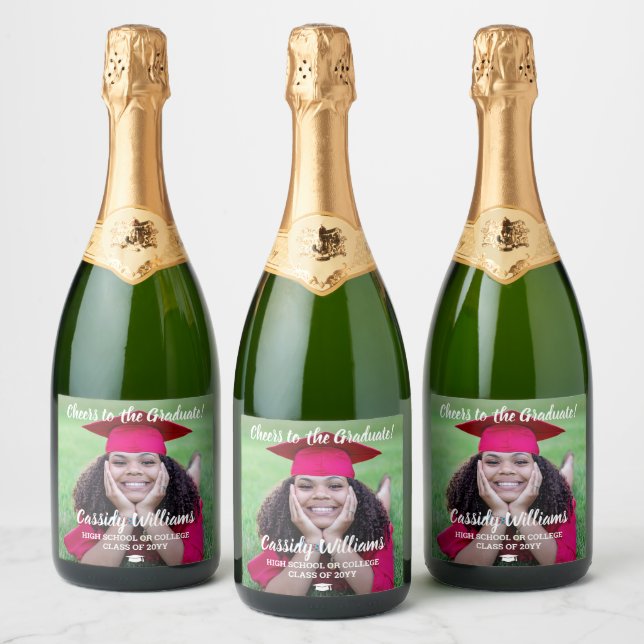 Cheers Graduation 1 Photo Elegant White Script Sparkling Wine Label (Bottles)