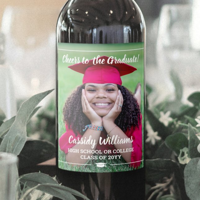 Cheers Graduation 1 Photo Elegant White Script Wine Label (Creator Uploaded)