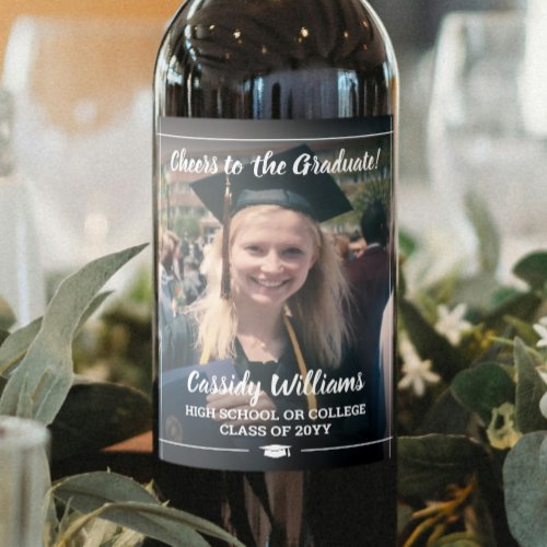 Cheers Graduation 1 Photo Elegant White Script Wine Label