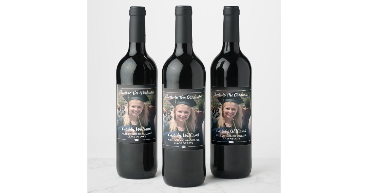 Cheers Graduation 1 Photo Elegant White Script Wine Label ...