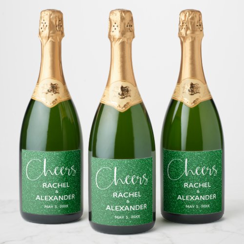 CHEERS Green Glitter Wedding Sparkling Wine Labels