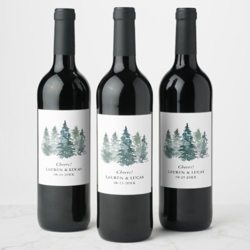 Cheers Green Pine Spruce Trees Forest Wedding Wine Label