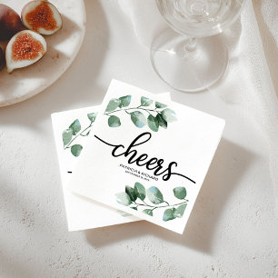 Cheers - Greenery Eucalyptus Calligraphy Wedding Napkins