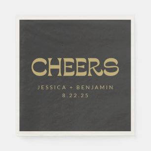 Cheers Groovy Black Gold Typography Names Wedding Napkins