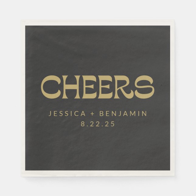 Cheers Groovy Black Gold Typography Names Wedding Napkins (Front)