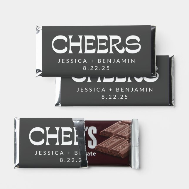 Cheers Groovy Black Typography Names Cool Wedding  Hershey Bar Favors (Front)