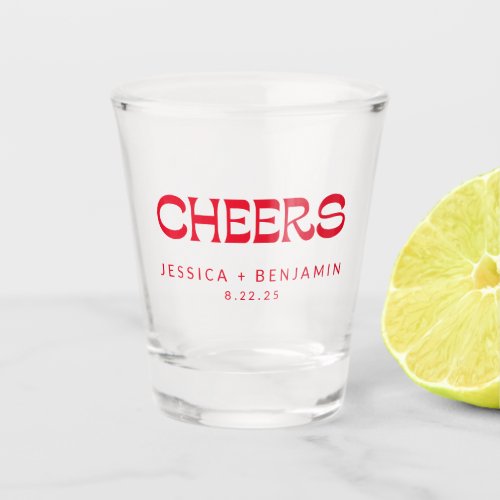 Cheers Groovy Bold Red Typography Names Wedding Shot Glass