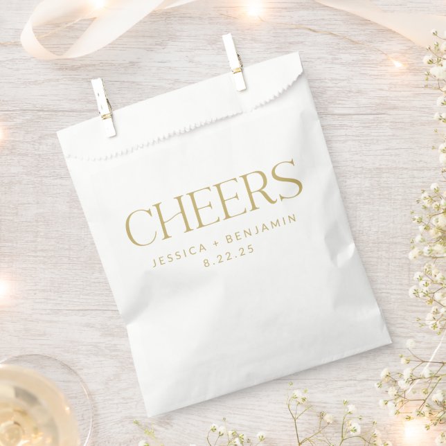Cheers Groovy Gold Typography Custom Wedding Favor Bag (Clipped)
