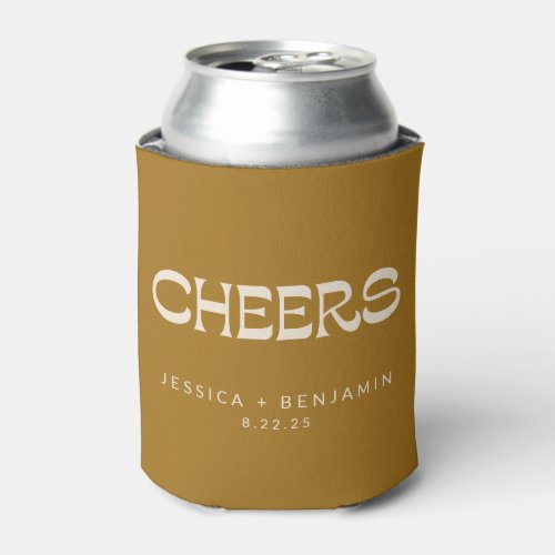 Cheers Groovy Gold Typography Names Wedding   Can Cooler