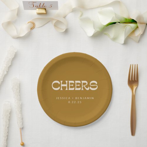 Cheers Groovy Gold Typography Names Wedding Custom Paper Plates