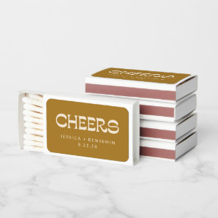 Cheers Groovy Gold Typography Names Wedding Matchboxes