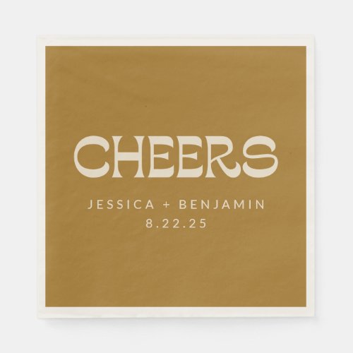 Cheers Groovy Gold Typography Names Wedding Napkins